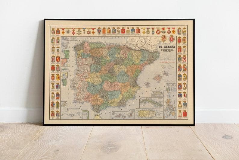 Color Map of Spain and Portugal and its colonies in 1892| Old Map Wall Print - MAIA HOMES