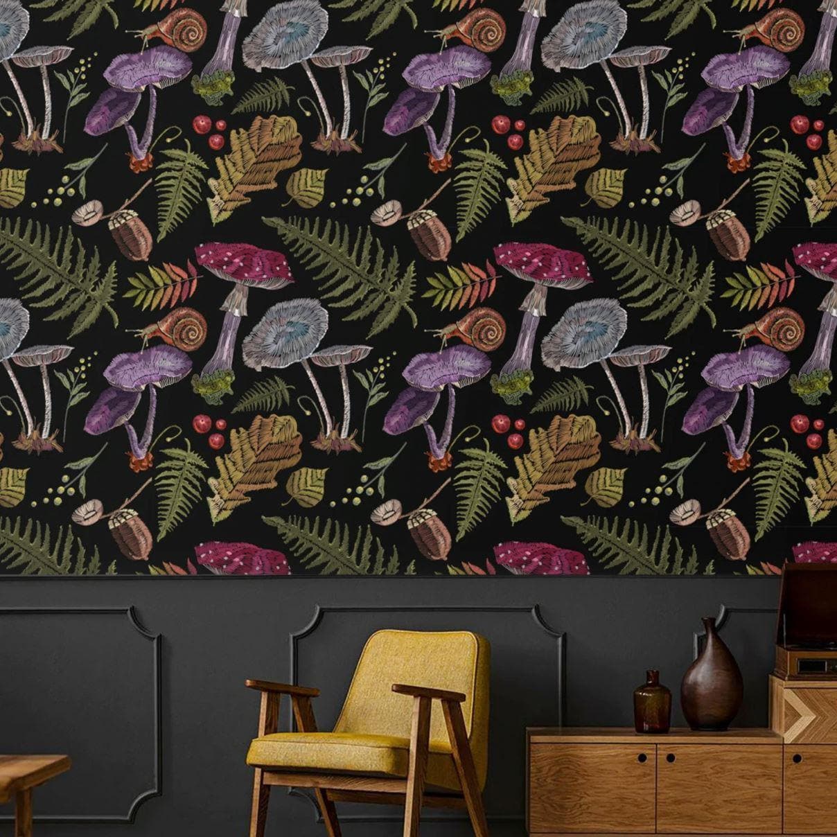 Colorful Dark Mushroom Botanical Wallpaper - MAIA HOMES