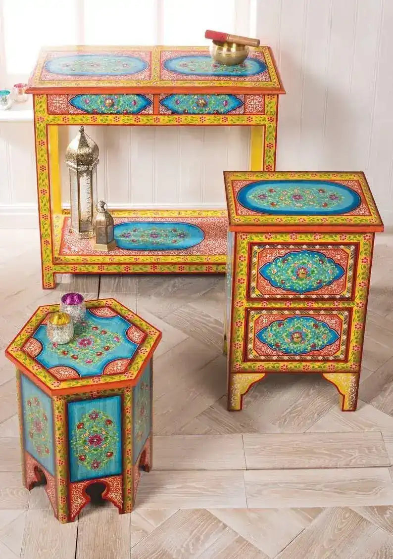 Colorful Floral Hand Painted Wooden Cabinet Night Stand