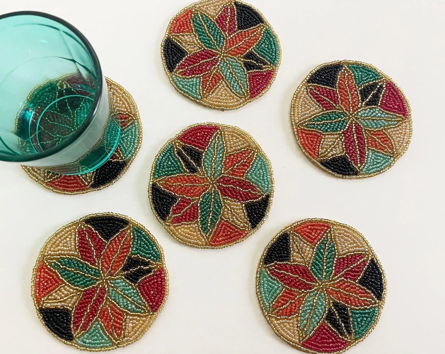 Colorful Floral Round Beaded Coaster Set of 6 Default Title