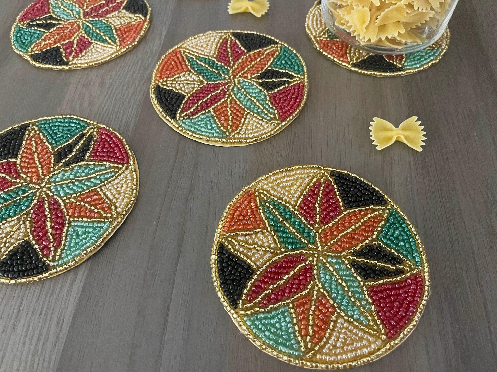 Colorful Floral Round Beaded Coaster Set of 6 - MAIA HOMES