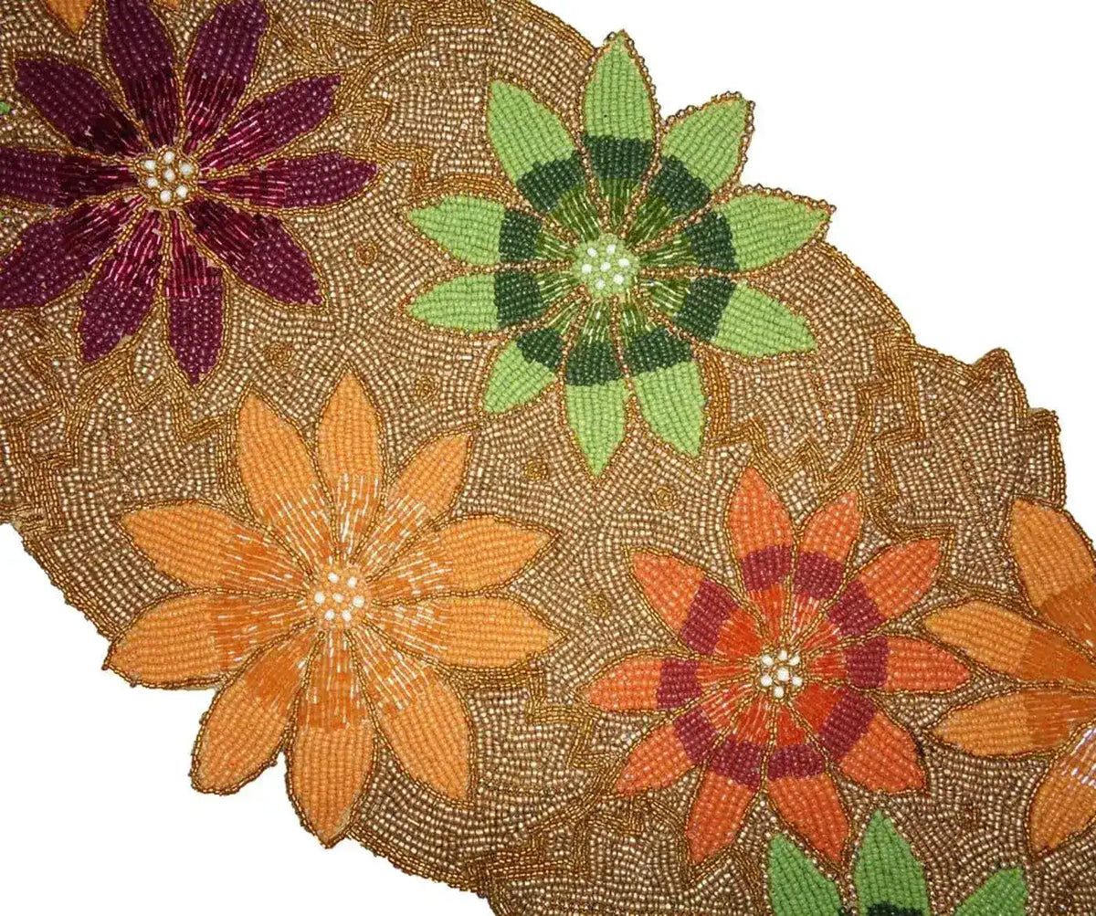 Colorful Flowers in Golden Beaded Table Runner