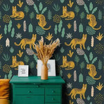 Colorful Fox and Ferns Illustrated Jungle Wallpaper