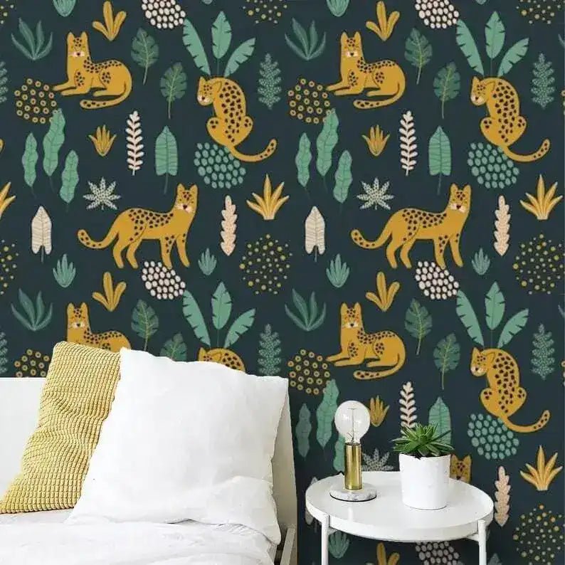 Colorful Fox and Ferns Illustrated Jungle Wallpaper