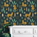 Colorful Fox and Ferns Illustrated Jungle Wallpaper