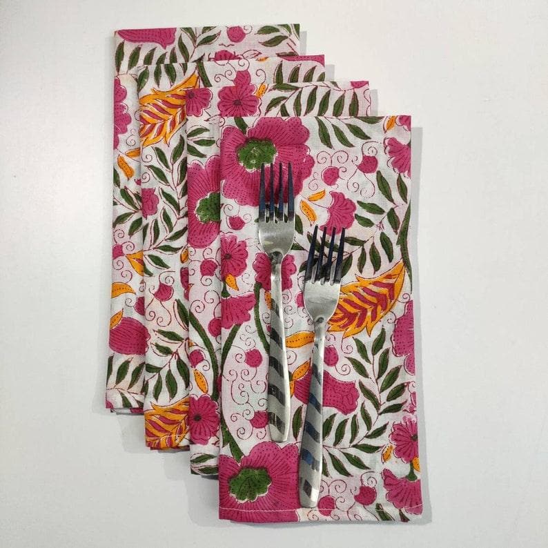 Colorful Spring Floral Block Printed Cotton Napkins - MAIA HOMES