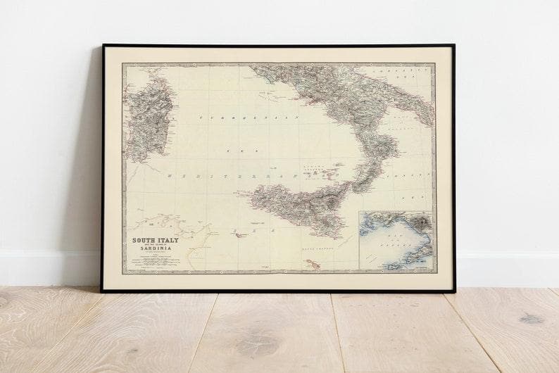 Composite Map of South Italy and Sardinia 1861| Old Map Wall Decor - MAIA HOMES