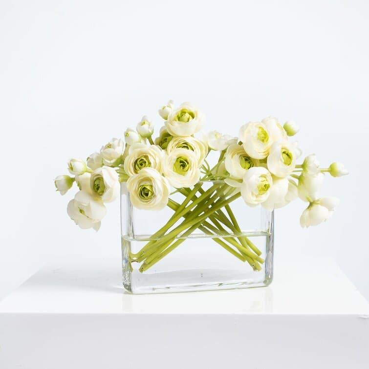 Cream & Green Mini Ranunculus Centerpiece In Glass Vase Default Title