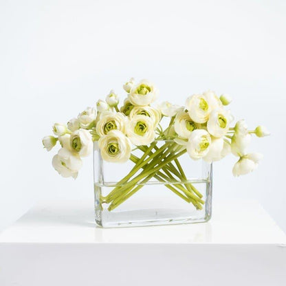 Cream & Green Mini Ranunculus Centerpiece In Glass Vase - MAIA HOMES