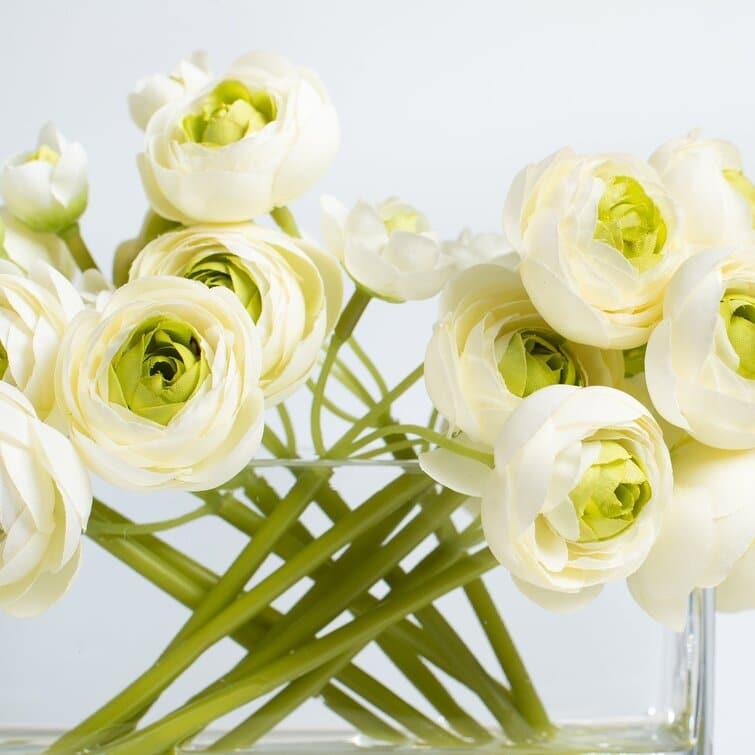 Cream & Green Mini Ranunculus Centerpiece In Glass Vase