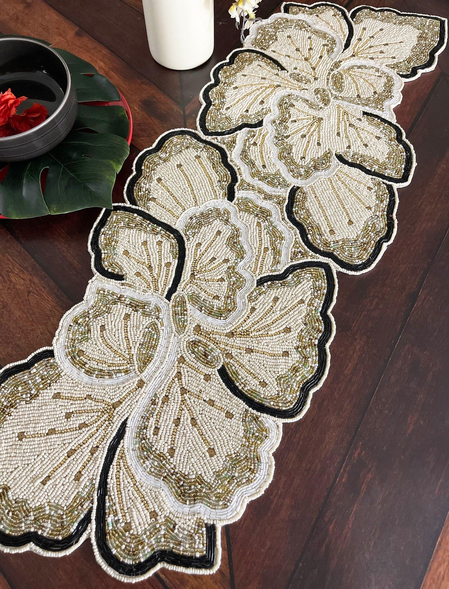 Cream Gold Floral Beaded Table Runner