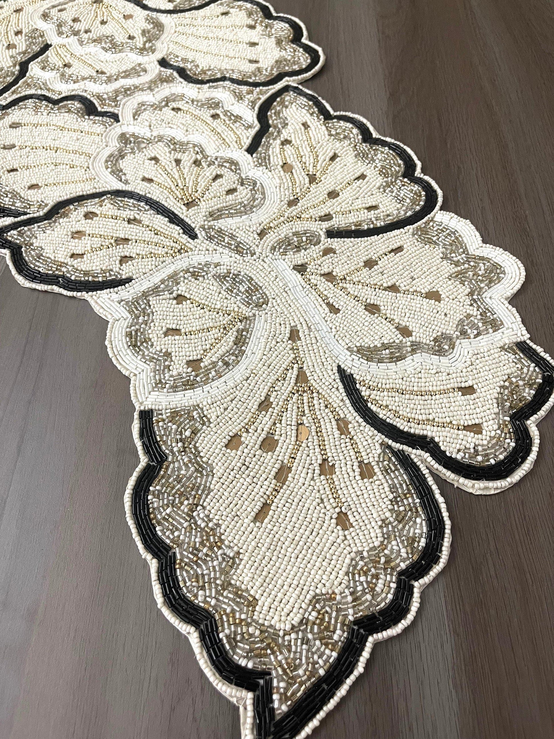 Cream Gold Floral Beaded Table Runner