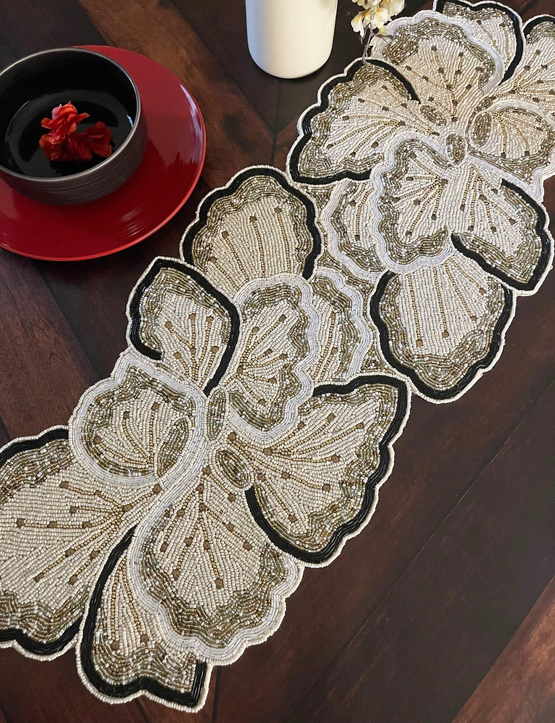 Cream Gold Floral Beaded Table Runner