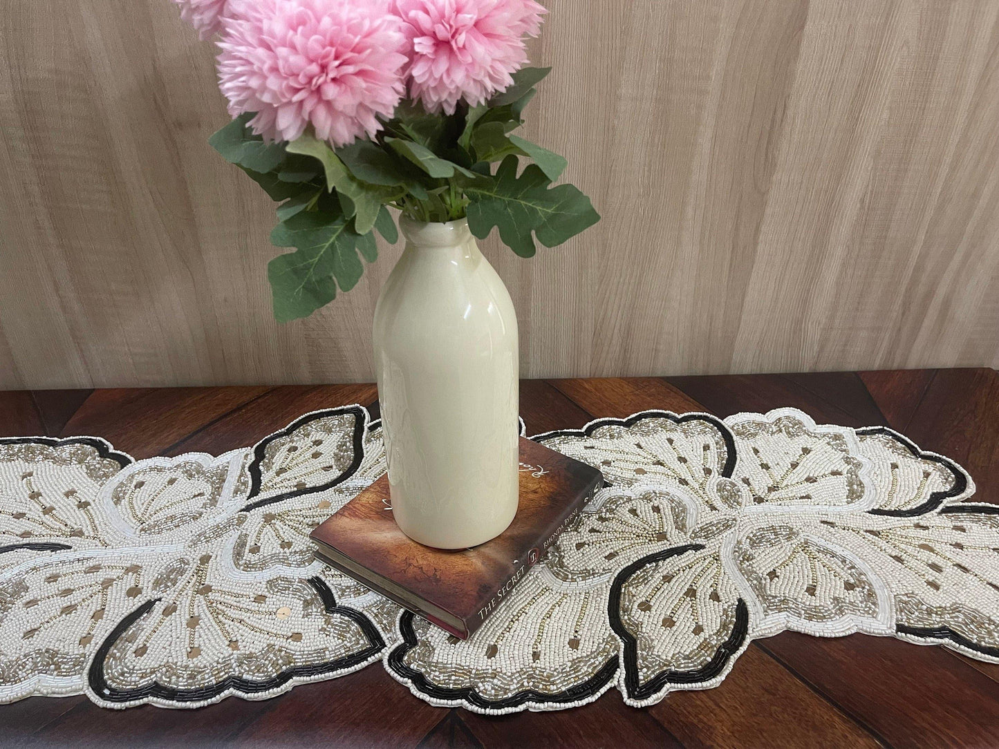 Cream Gold Floral Beaded Table Runner