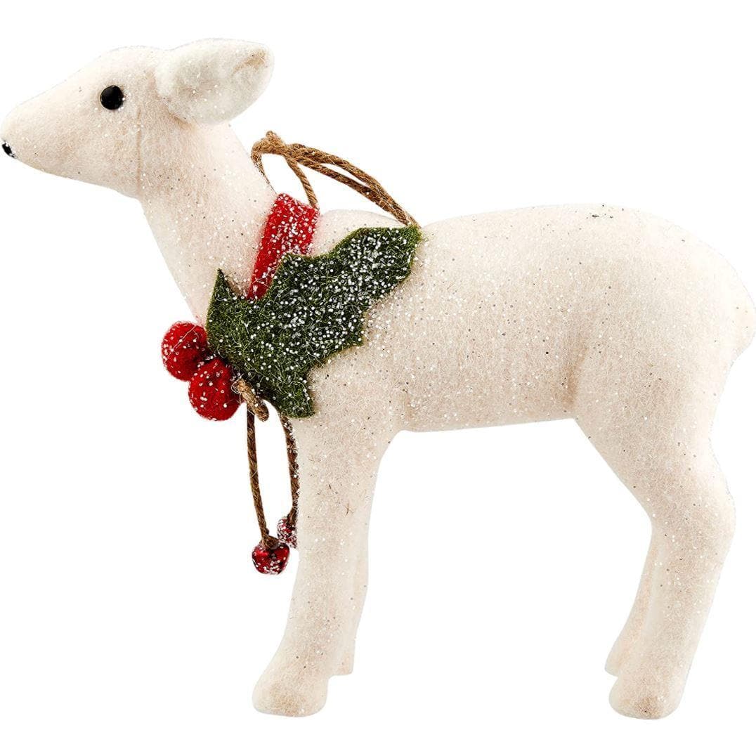 Creative Co-Op White Felt Deer Holly & Jingle Bells Textile Ornaments