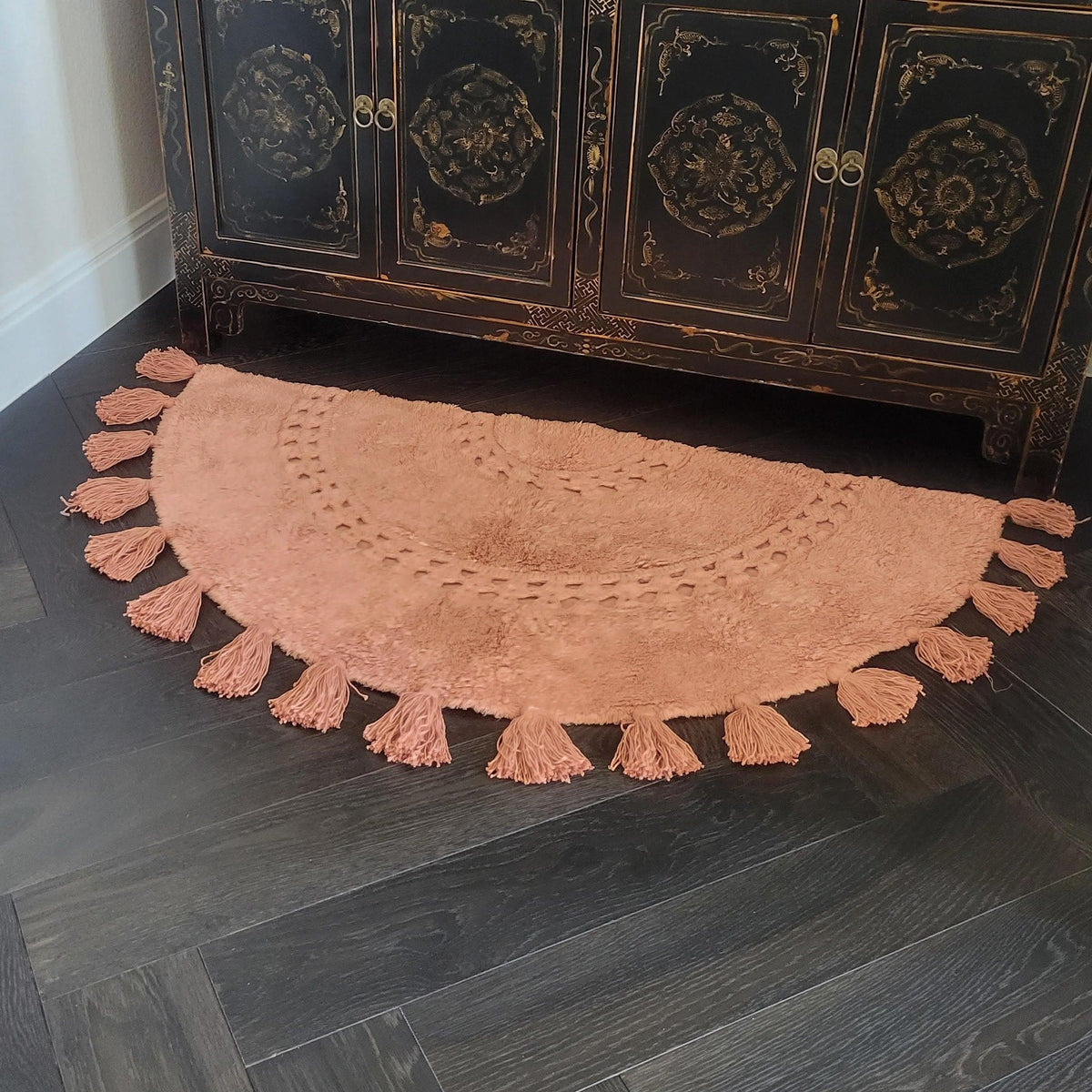 Crocheted Half Moon Bath Mat Rug with Tassels