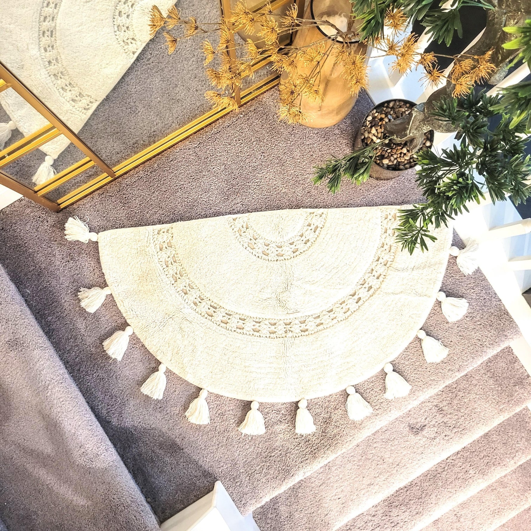 Crocheted Half Moon Bathroom Rug with Tassels Cream