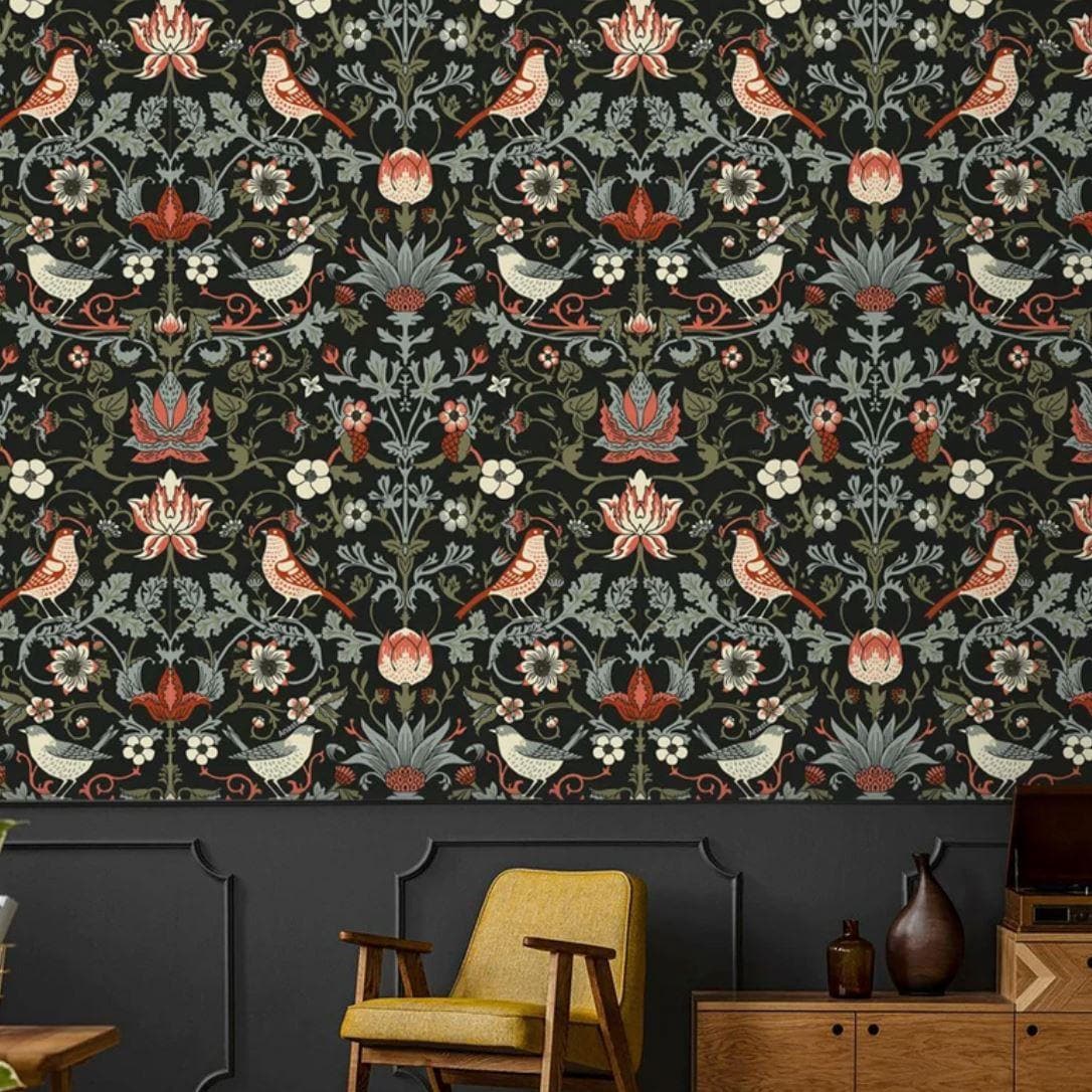 Dark and Red Floral Birds Wallpaper - MAIA HOMES