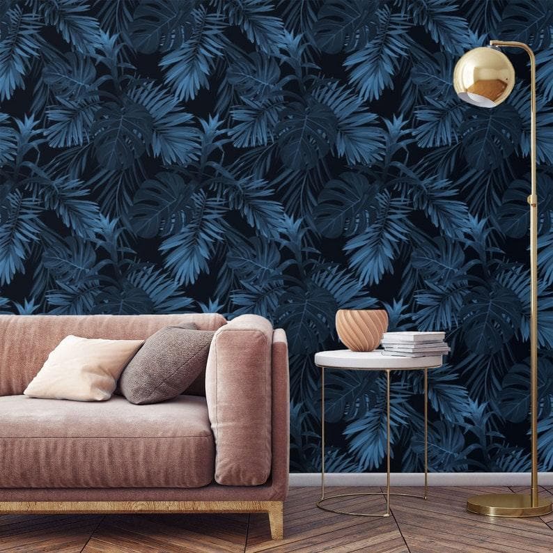 Dark Blue and Black Large Tropical Foliage Wallpaper