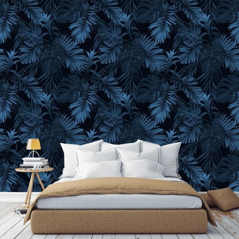 Dark Blue and Black Large Tropical Foliage Wallpaper