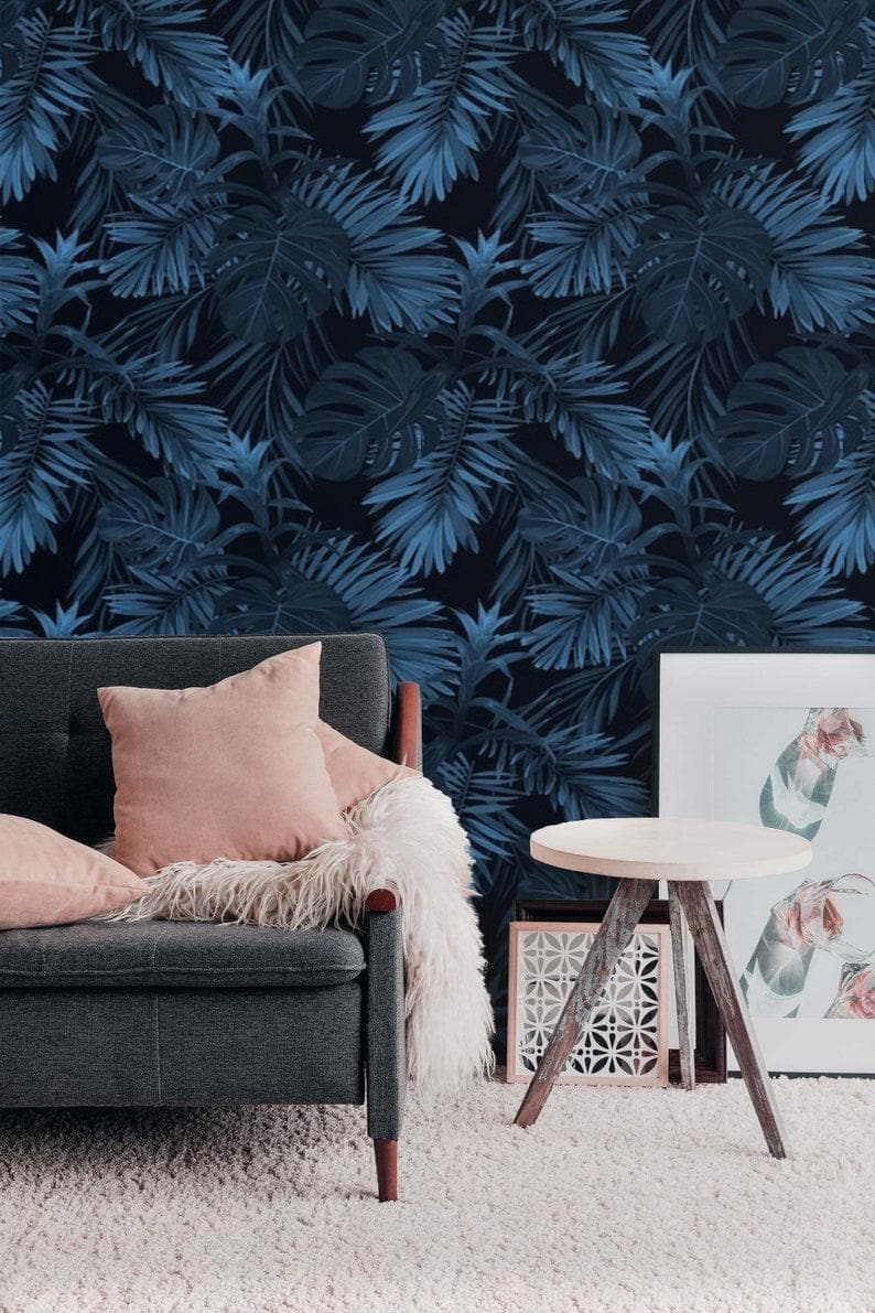 Dark Blue and Black Large Tropical Foliage Wallpaper