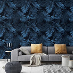 Dark Blue and Black Large Tropical Foliage Wallpaper