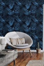 Dark Blue and Black Large Tropical Foliage Wallpaper