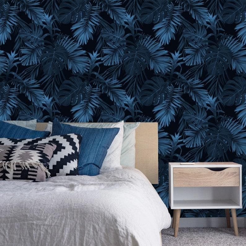 Dark Blue and Black Large Tropical Foliage Wallpaper