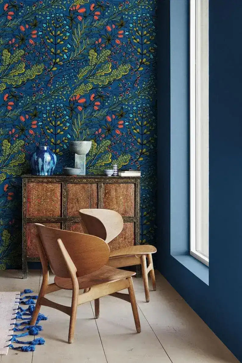 Dark Blue Watercolor Botanical and Floral Wallpaper