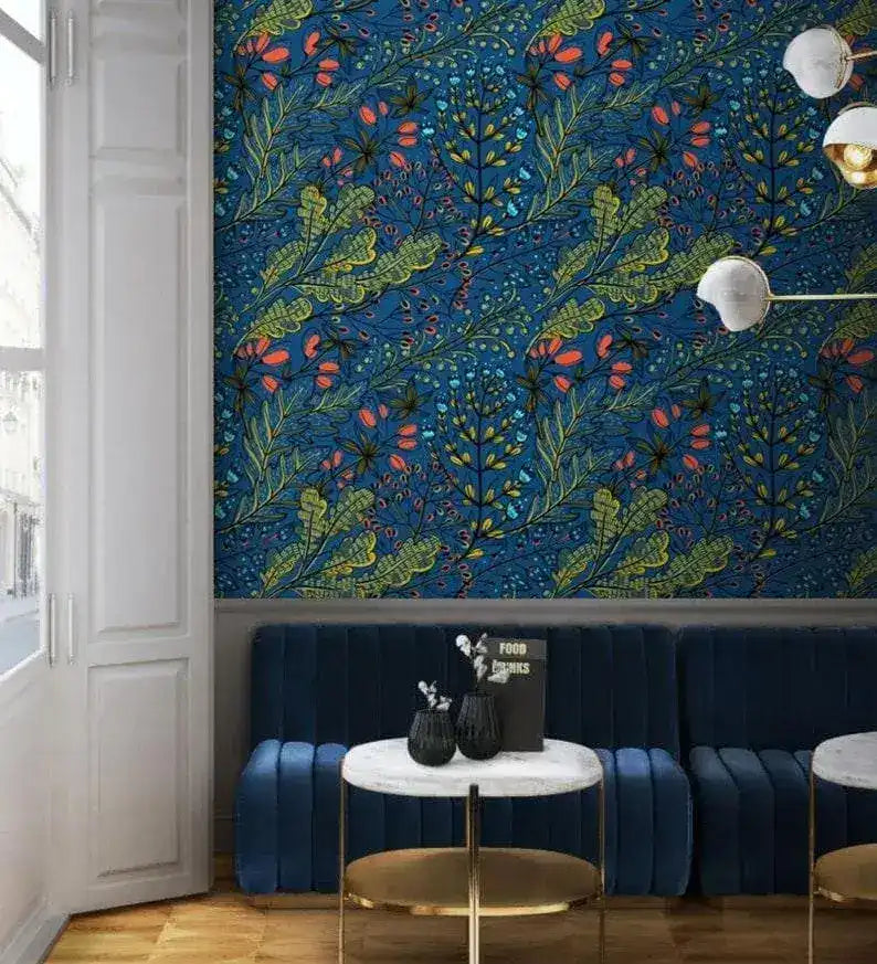 Dark Blue Watercolor Botanical and Floral Wallpaper