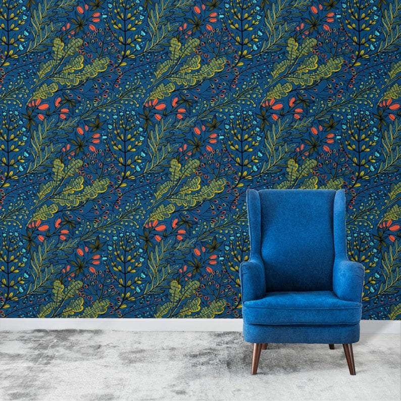 Dark Blue Watercolor Botanical and Floral Wallpaper - MAIA HOMES