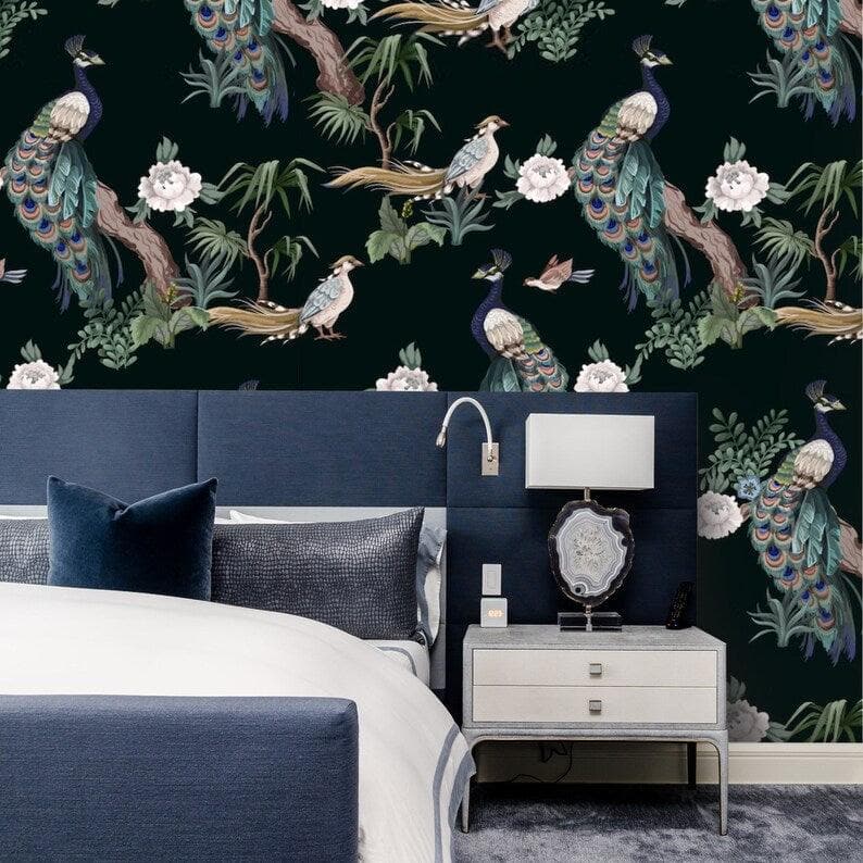 Dark Chinoiserie Peacocks on Tree Branches Wallpaper