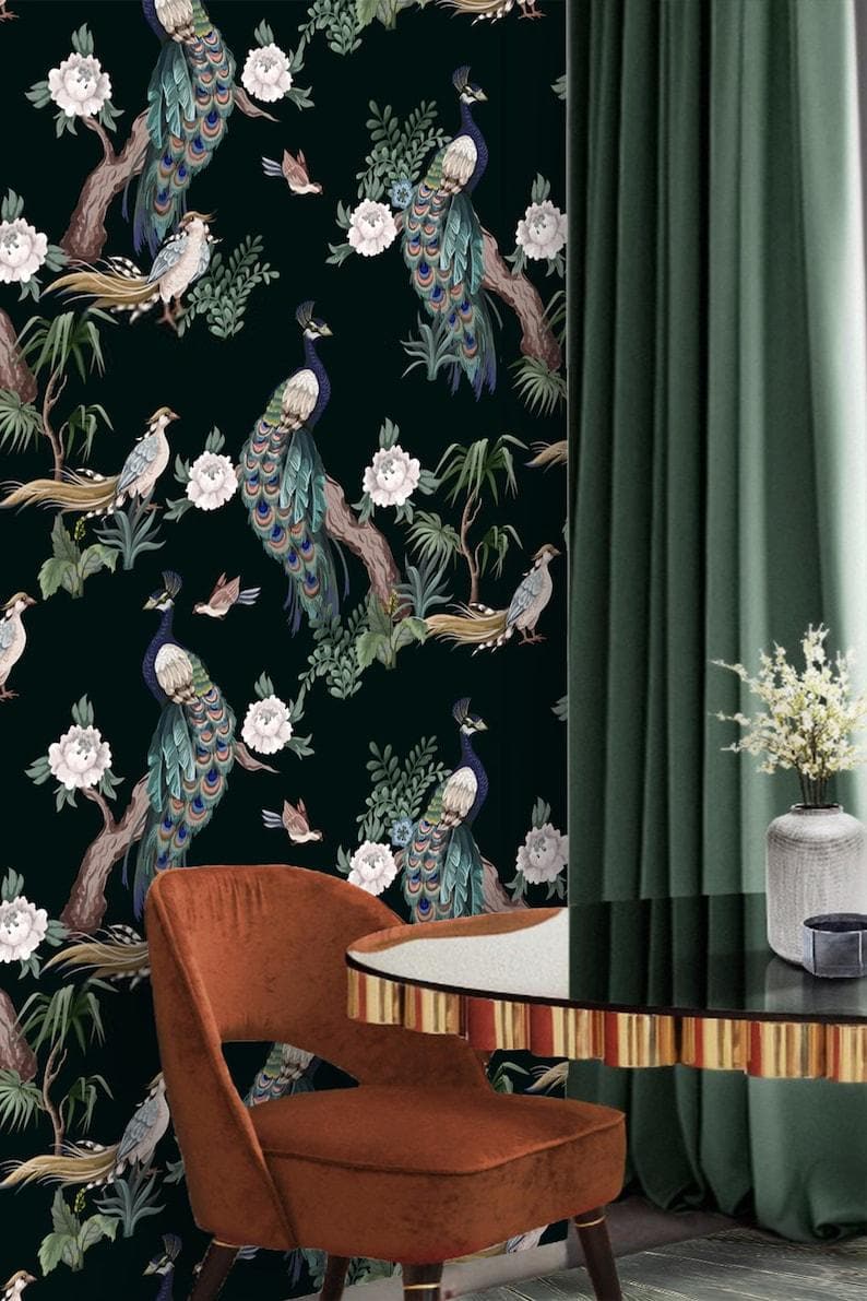 Dark Chinoiserie Peacocks on Tree Branches Wallpaper