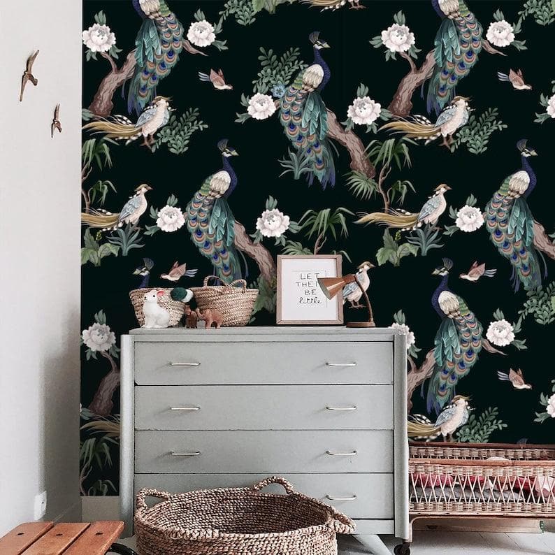 Dark Chinoiserie Peacocks on Tree Branches Wallpaper - MAIA HOMES