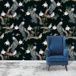 Dark Chinoiserie Peacocks on Tree Branches Wallpaper