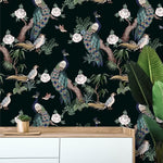 Dark Chinoiserie Peacocks on Tree Branches Wallpaper