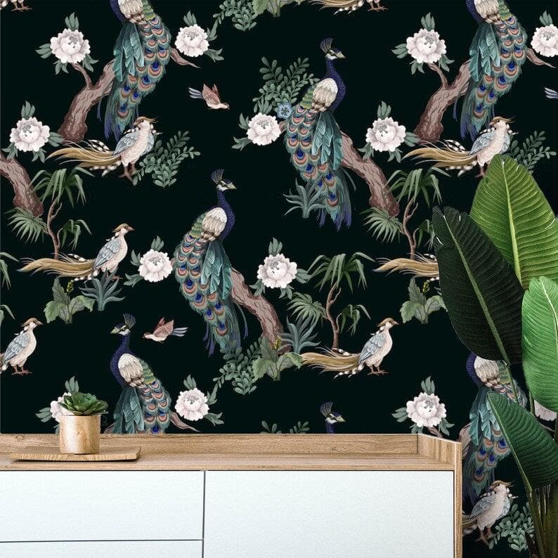 Dark Chinoiserie Peacocks on Tree Branches Wallpaper