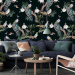 Dark Chinoiserie Peacocks on Tree Branches Wallpaper