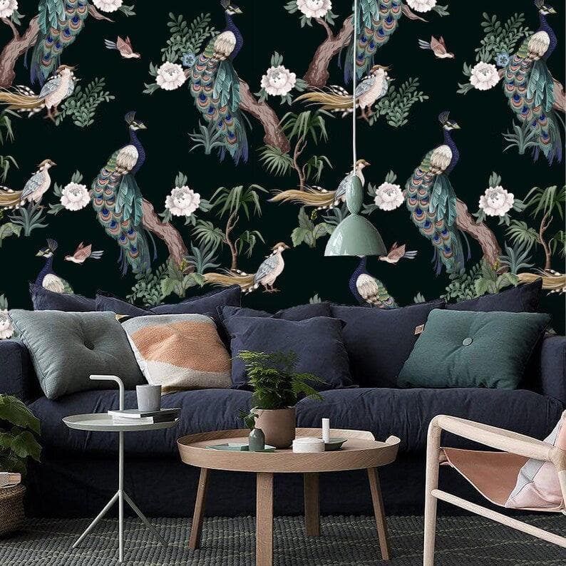 Dark Chinoiserie Peacocks on Tree Branches Wallpaper