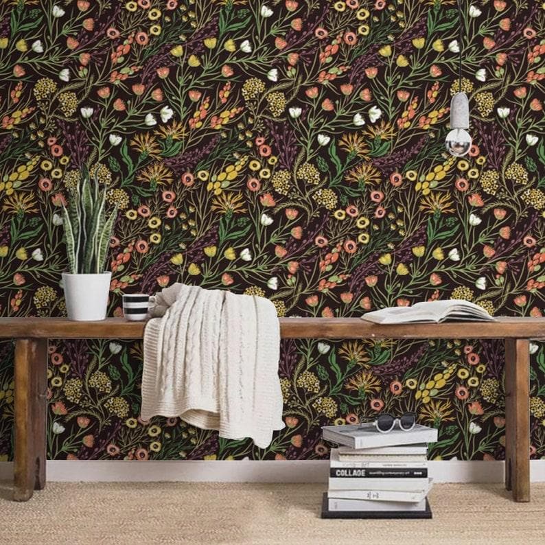 Dark Exotic Floral and Botanical Wallpaper