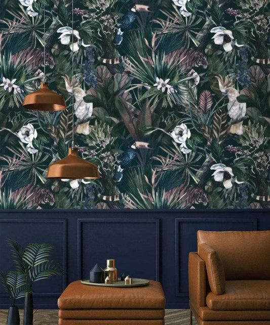 Dark Exotic Tropical Plants and Leaves Wallpaper - MAIA HOMES