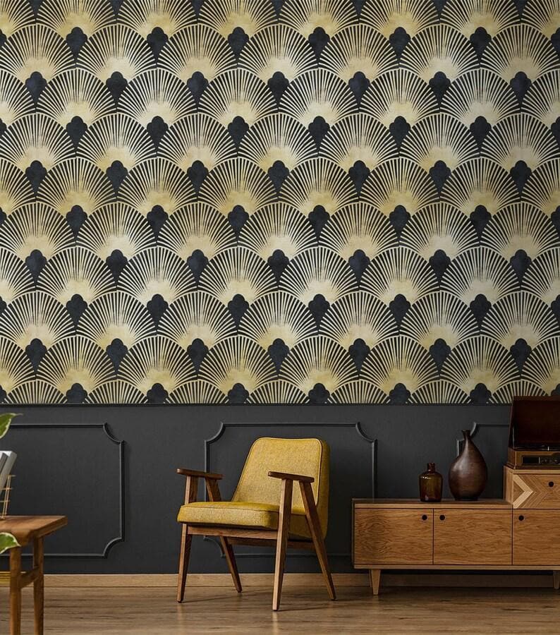 Dark Gold Art Deco Fans Wallpaper