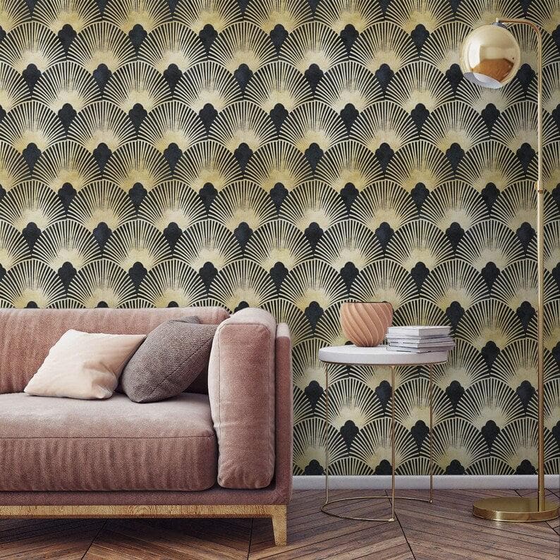 Dark Gold Art Deco Fans Wallpaper