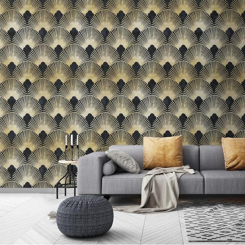 Dark Gold Art Deco Fans Wallpaper - MAIA HOMES