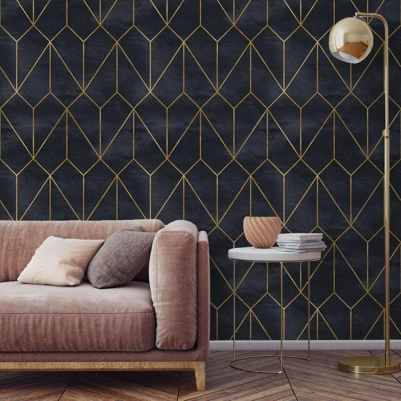 Dark Gold Art deco Watercolor Geometric Wallpaper - MAIA HOMES
