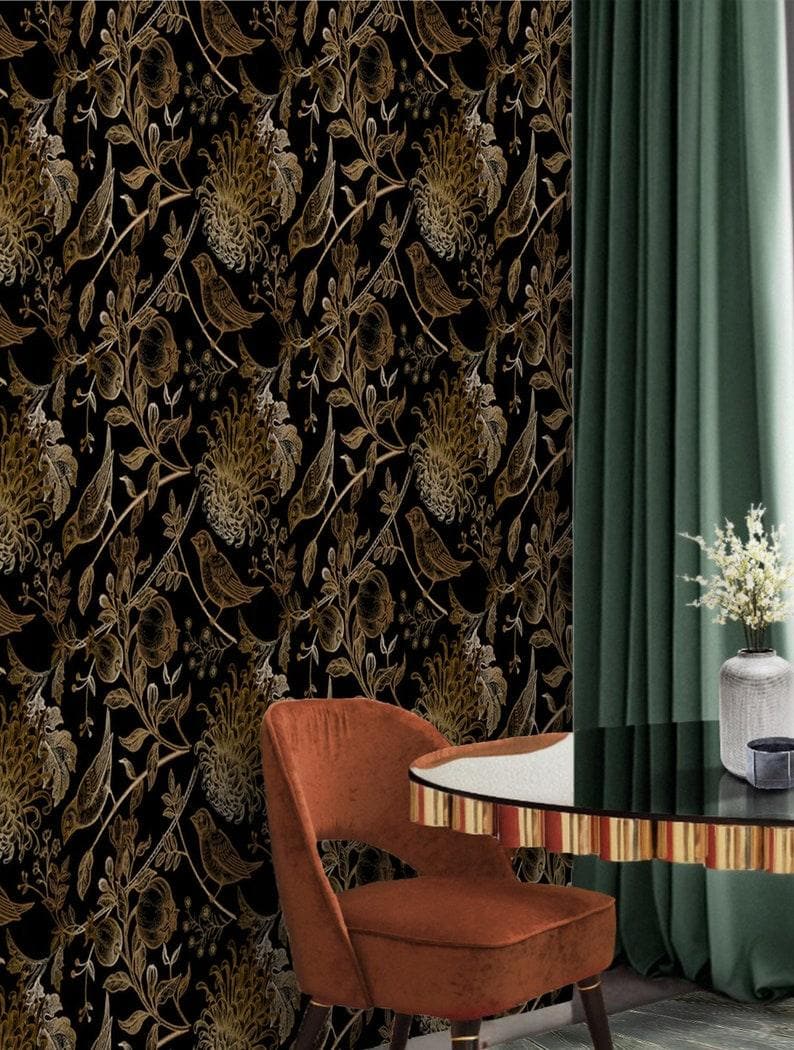 Dark Golden Birds and Botanical Floral Wallpaper