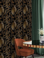 Dark Golden Birds and Botanical Floral Wallpaper