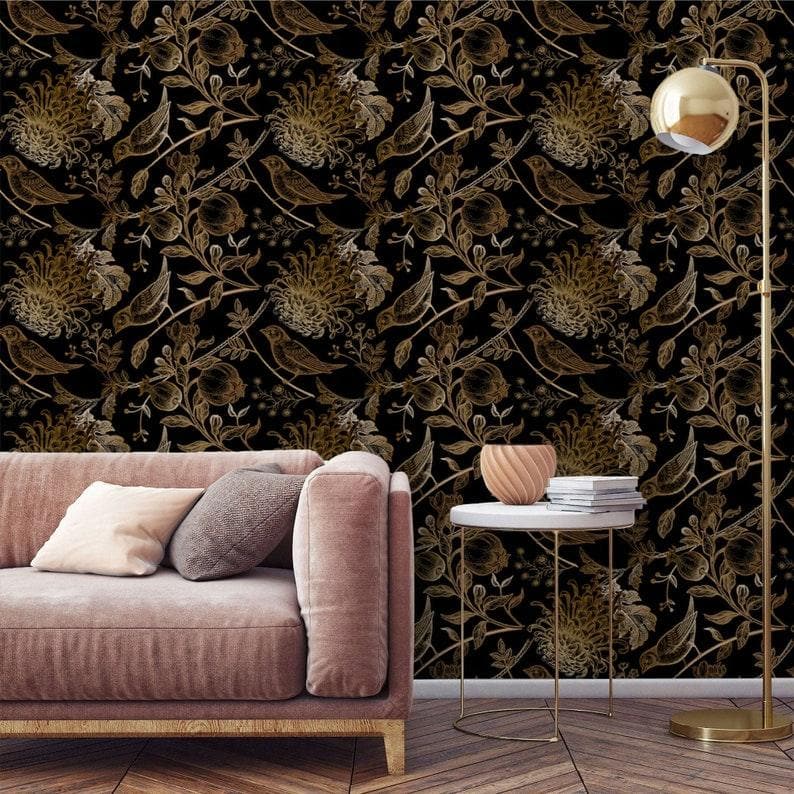 Dark Golden Birds and Botanical Floral Wallpaper