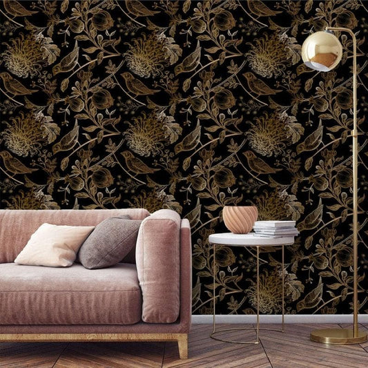 Dark Golden Birds and Botanical Floral Wallpaper - MAIA HOMES