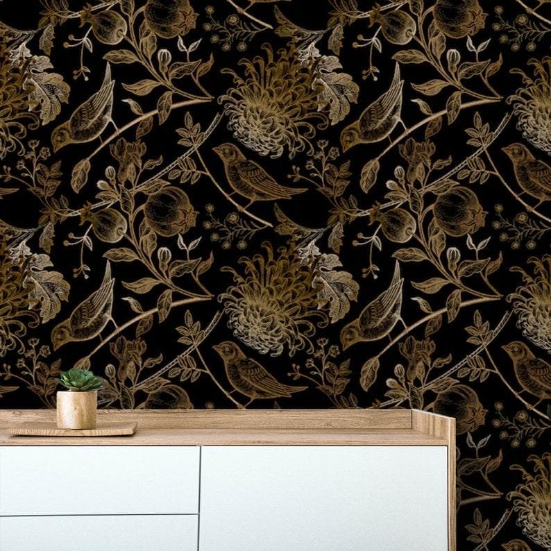 Dark Golden Birds and Botanical Floral Wallpaper